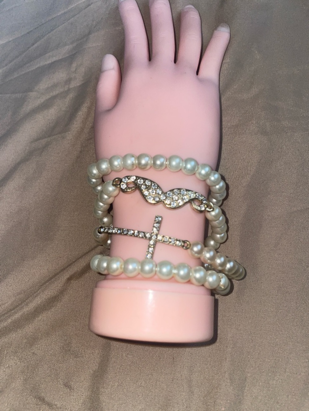 Pearl Bead Bracelet Stack with Gold Rhinestone Cross and Wave Accents